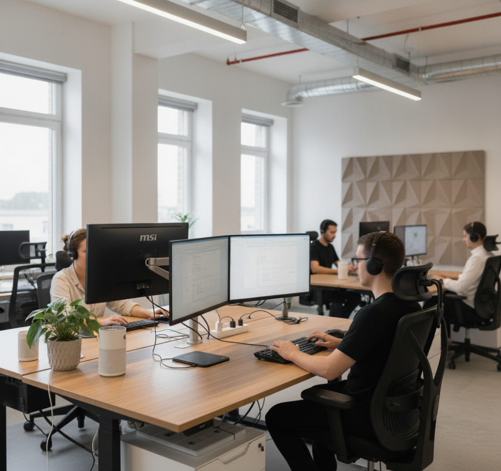 An office interior, where employees are focused on work