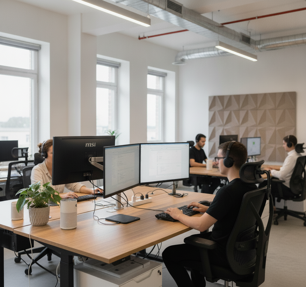 An office interior, where employees are focused on work